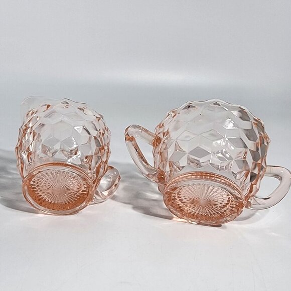 Pink Depression Glass Creamer Sugar Bowl Set Diamond Pattern Handles - Picture 4 of 10